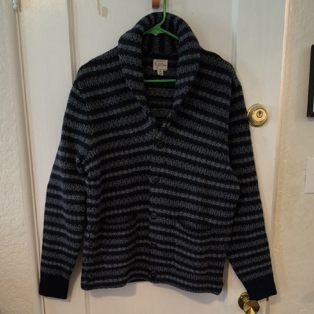 J. Crew | Men's Dark Blue and Light Gray 100% Lambswool Cardigan